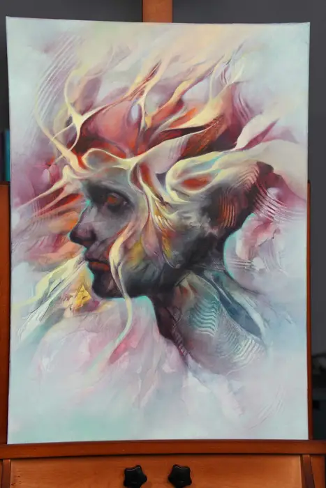 pastel colour abstract face painting on canvas, flowing ribbons of red and cream