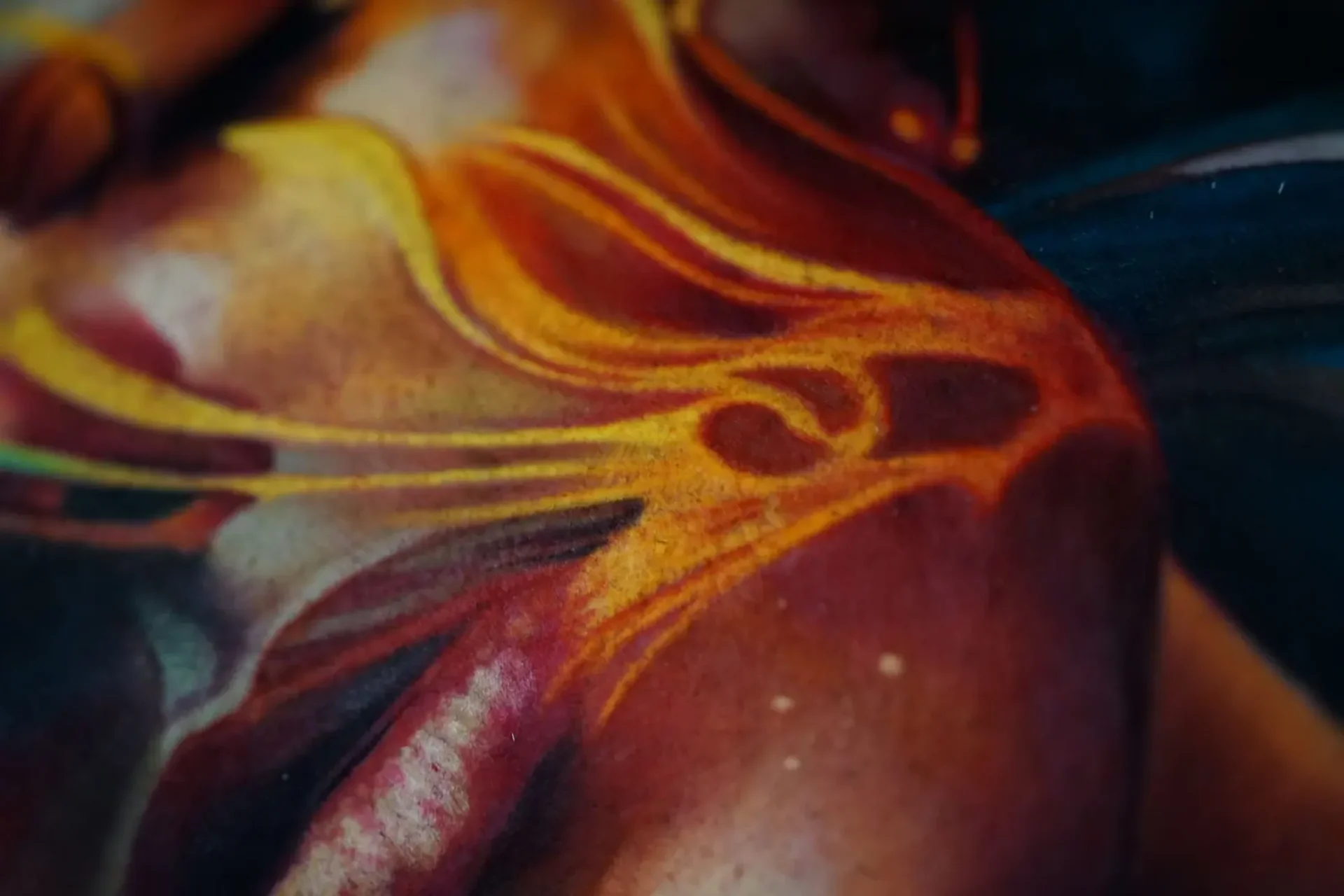 colour realism fiery hair tattoo on shoulder