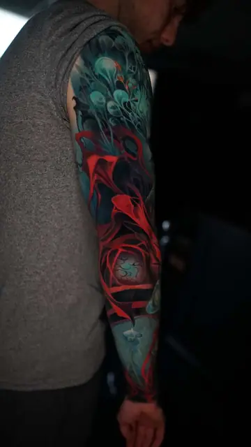 abstract organic full sleeve colour tattoo