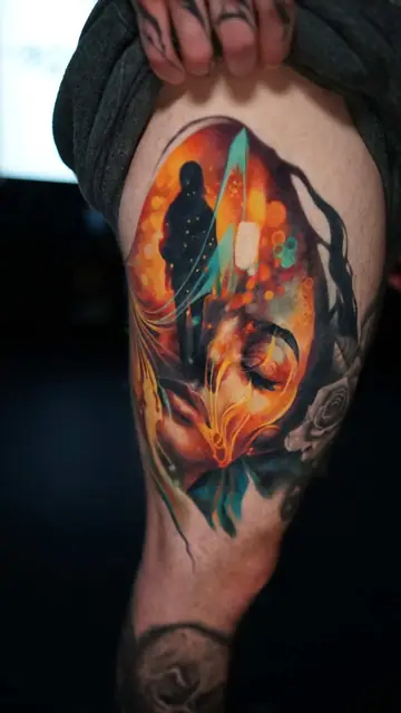 colour portrait with abstract elements tattoo on thigh
