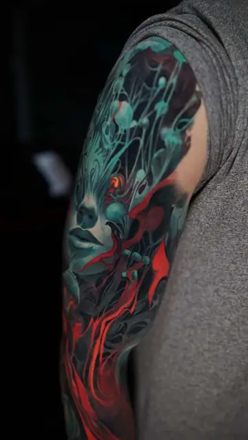 colour realism abstract face and organic elements full sleeve tattoo