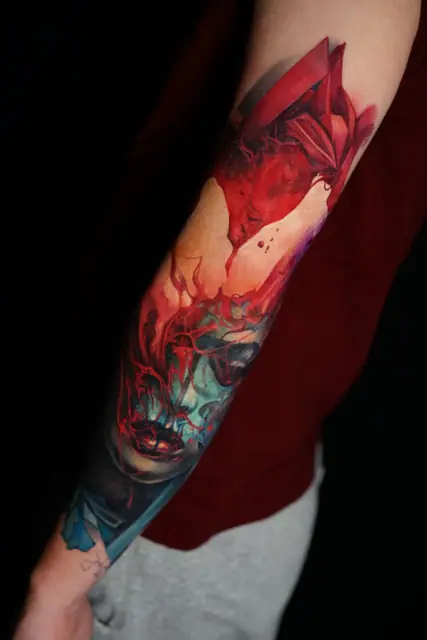 colour realism abstract face tattoo on full sleeve