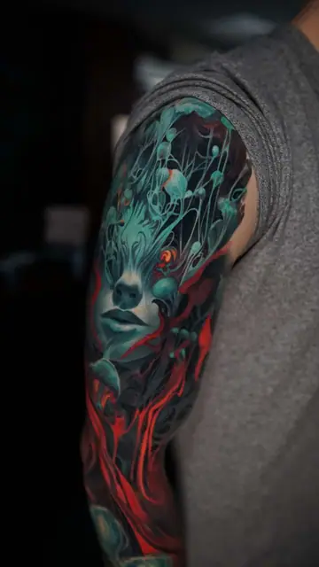 colour realism abstract figure with red and teal shapes full sleeve