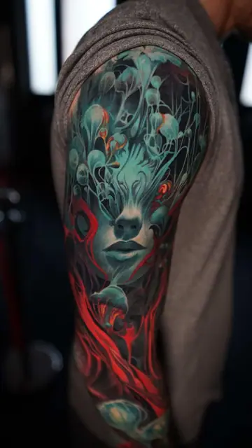 colour realism abstract portrait tattoo on full sleeve