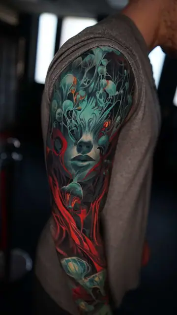 colour realism abstract woman and jellyfish tattoo full sleeve