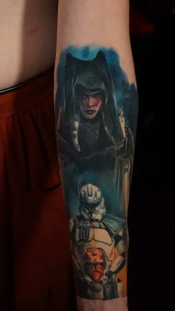 colour realism ahsoka and rex star wars tattoo on forearm