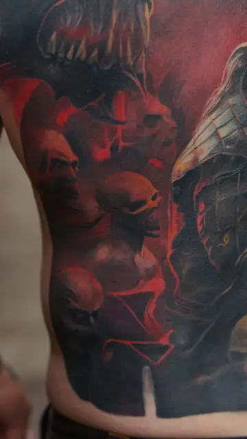 colour realism demon, skulls, warrior tattoo on torso
