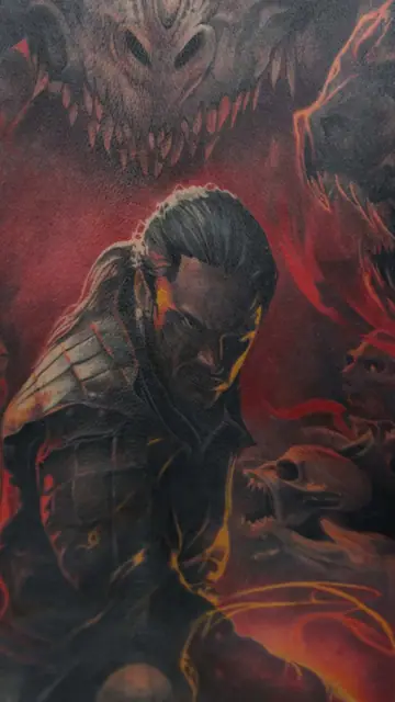 colour realism fantasy warrior with dragon and skulls tattoo on upper arm