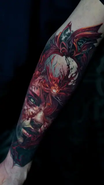 colour realism fantasy woman portrait tattoo on forearm