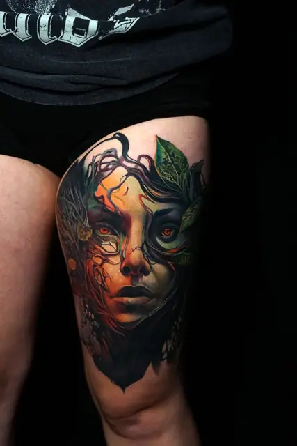 colour realism forest spirit woman tattoo on thigh