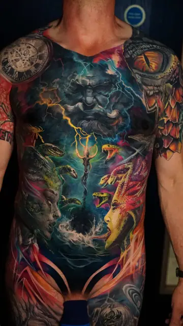 colour realism greek mythology full body tattoo, zeus, medusa, kraken, snakes