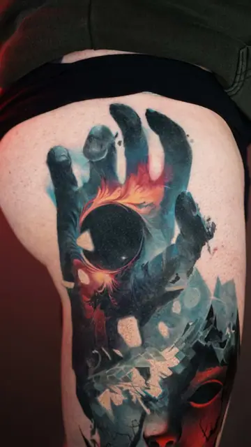 colour realism hand holding black hole, red mask below, on upper thigh
