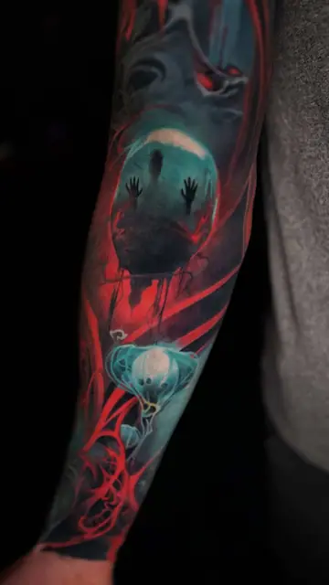 colour realism horror scene with jellyfish on full arm