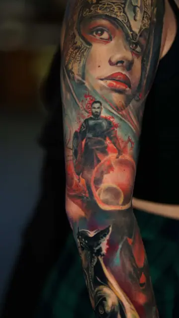 colour realism woman warrior and knight sleeve tattoo