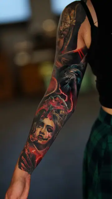 colour realism zombie woman and raven full sleeve tattoo