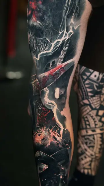 monster, lightning, dark color realism tattoo on leg sleeve
