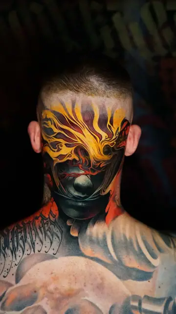 abstract color tattoo on head, face, and neck