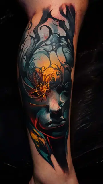 abstract face colour realism tattoo on leg