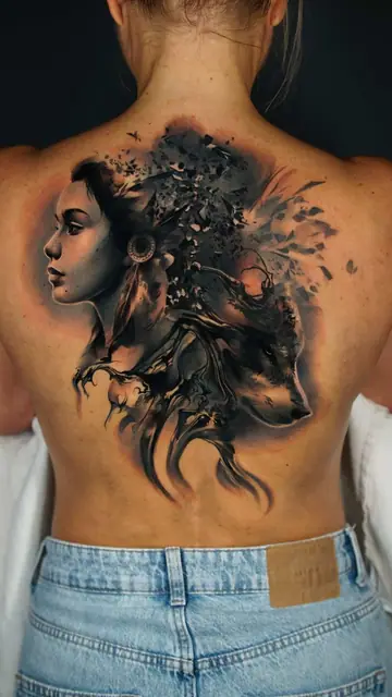 black and grey realism woman and wolf tattoo on back
