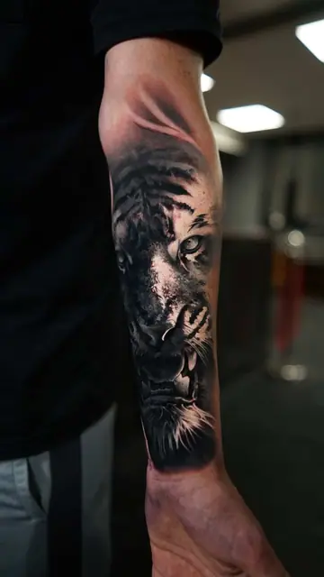 black and grey tiger head tattoo on forearm
