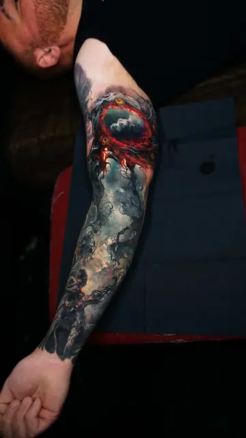 colour abstract portal tattoo full sleeve