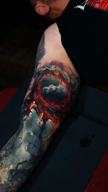colour realism abstract eye portal tattoo on arm