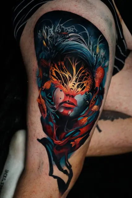 colour realism abstract face tattoo with glowing elements on upper thigh