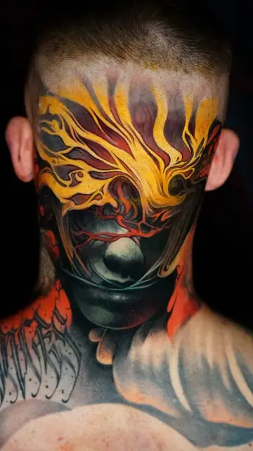 colour realism abstract face tattoo on head and neck