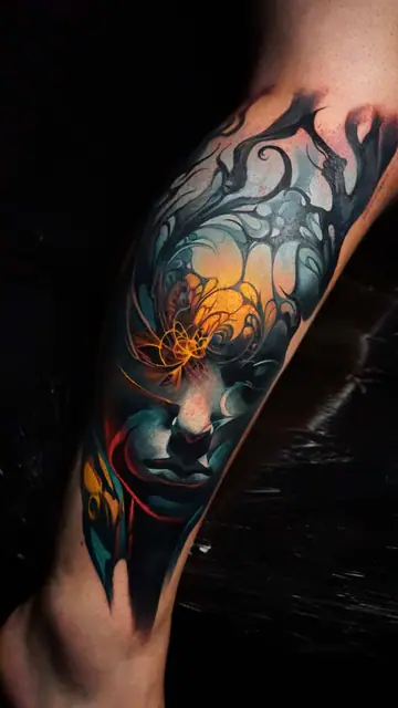 colour realism abstract face tattoo on leg