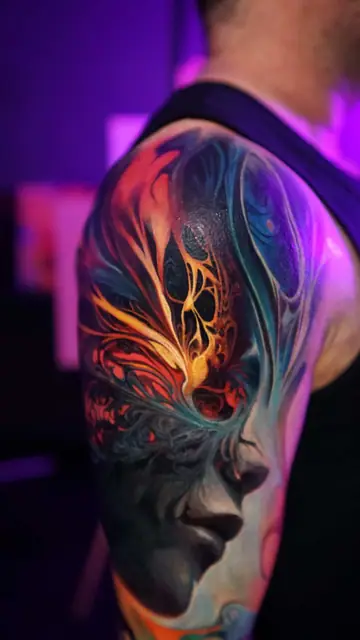 colour realism abstract face tattoo on upper arm