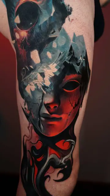 colour realism abstract fragmented mask tattoo on thigh