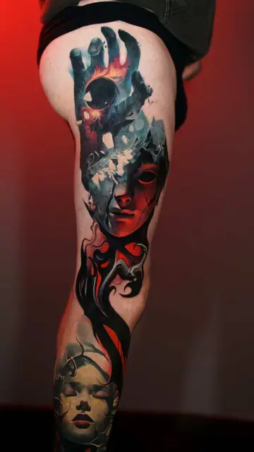 colour realism abstract hand and faces tattoo on leg sleeve