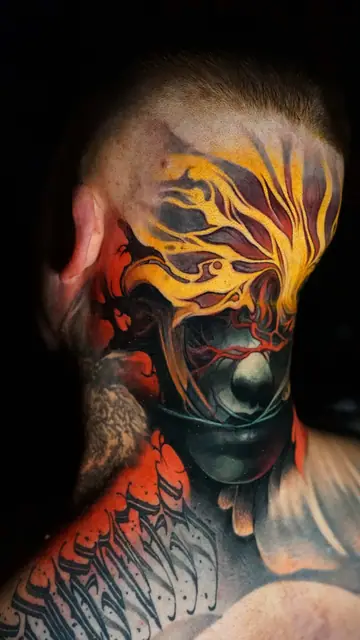 colour realism abstract mask and fire tattoo on head and neck