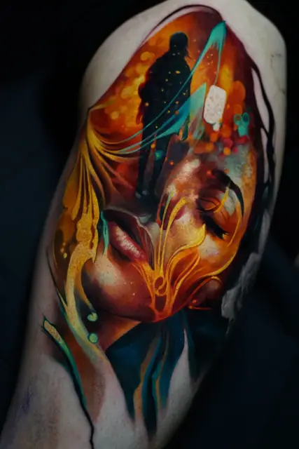 colour realism abstract portrait with silhouette on upper arm