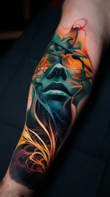 colour realism abstract woman's face and abstract elements tattoo on forearm