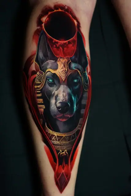 colour realism Anubis tattoo on calf