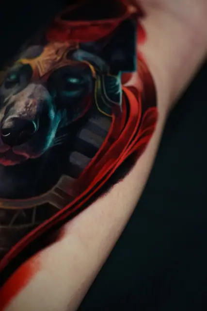 colour realism anubis tattoo with red cloak on inner bicep