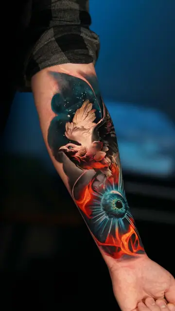 colour realism bird and eye with cosmic/fire tattoo on forearm
