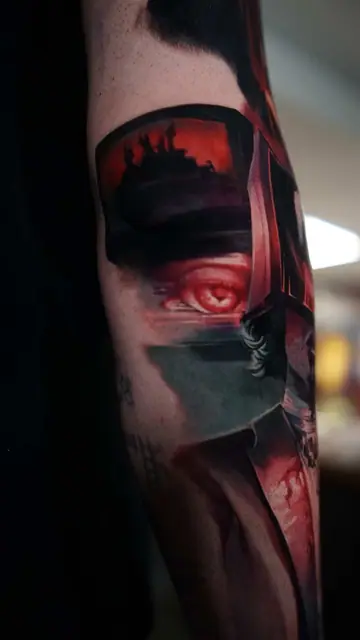 colour realism castle and eye tattoo on forearm