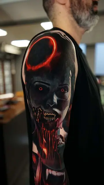 colour realism cyborg/vampire face and red glow tattoo on upper arm