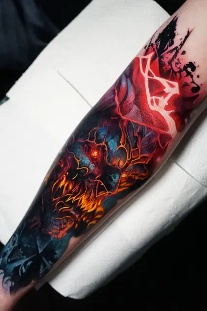 colour realism demonic face tattoo on forearm