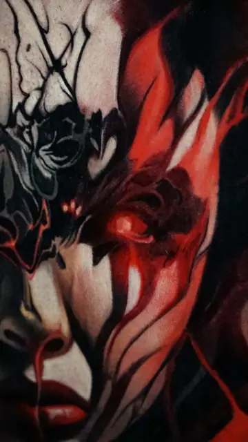 colour realism demonic woman face tattoo with glowing red eye