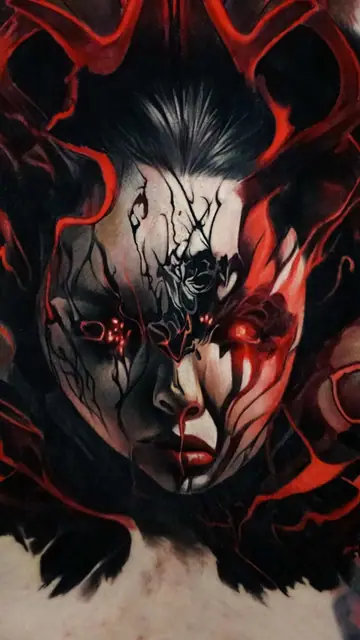 colour realism demonic woman's face tattoo with red and black details on body