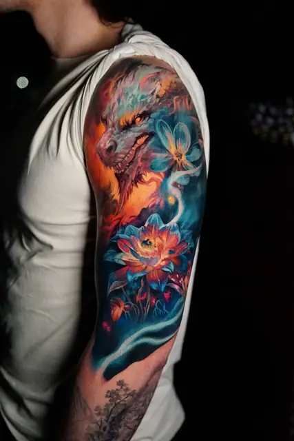 colour realism dragon and floral half sleeve tattoo