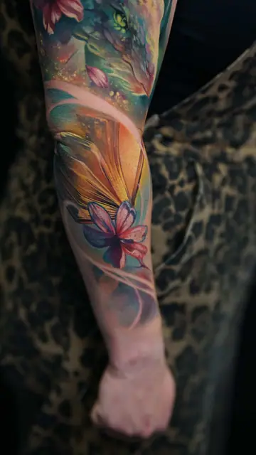 colour realism dragon, flowers, book full sleeve tattoo