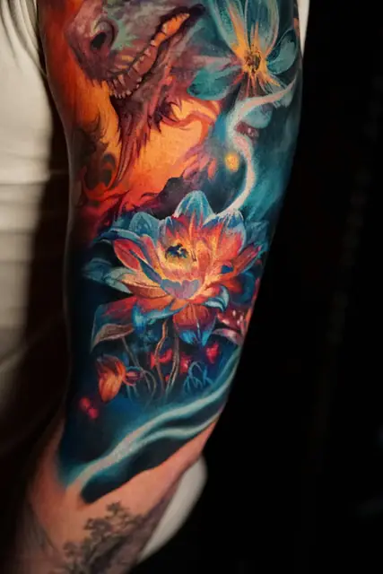 colour realism dragon and lotus tattoo on upper arm