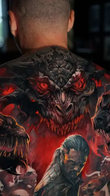 colour realism dragon and man full back tattoo