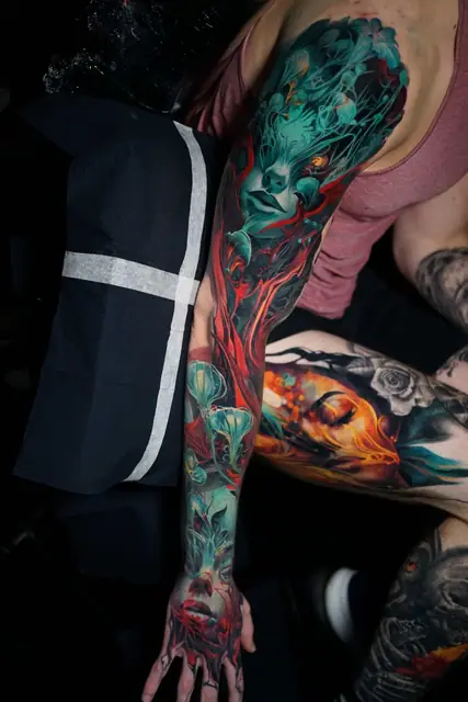colour realism ethereal female face full sleeve tattoo