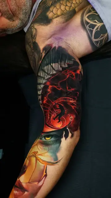 colour realism eye and surreal scene tattoo on arm sleeve