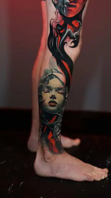 colour realism faces with smoke and red accents full leg sleeve